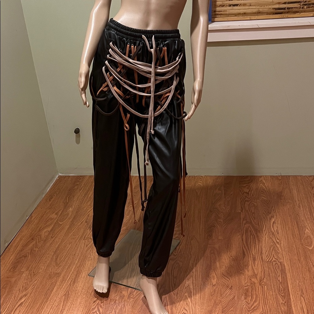 Akira Black Faux Leather Joggers With Front Lacing M